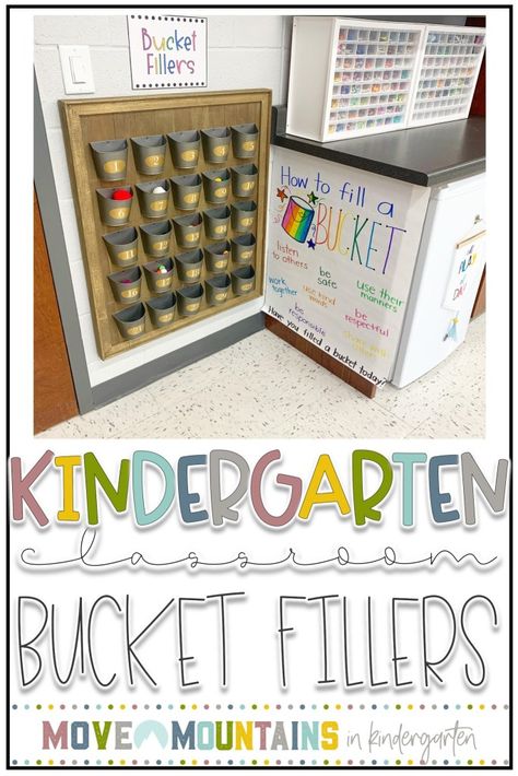 Bucket Fillers Kindergarten, Classroom Desk Configuration, Bucket Filler Kindergarten, Move Mountains In Kindergarten, Bucket Filler Display, Bulletin Board Ideas Kindergarten, Kindergarten Classroom Must Haves, Kindergarten Sel, Prek Classroom Setup