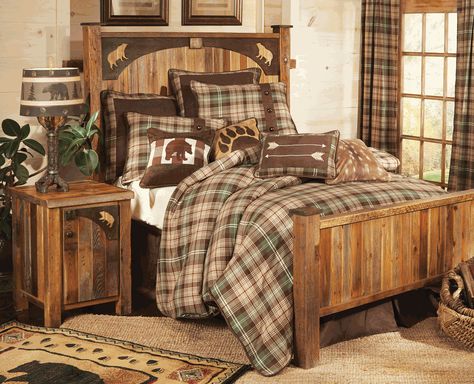 Barnwood Bear Carvings Furniture Collection Rustic King Bedroom Set, Rustic Bedroom Furniture Sets, Rustic Chic Bedroom, Rustic Bedroom Sets, Rustic Bedding Sets, Plaid Comforter, Rustic Bedroom Furniture, Plaid Bedding, Cabin Furniture