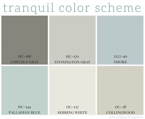 Full home color scheme - calming colors are so popular right now in home decor. Benjamin Moore has some great paint colors that are calming and neutral. #decor #paint #home http://coffeeandpine.blogspot.ca/2015/04/tranquil-color-scheme.html: Morning Dove, Paint Room, Dream Spa, Stonington Gray, Men's Bedroom, Palladian Blue, Indoor Paint, Brick Cottage, Bedroom Painting