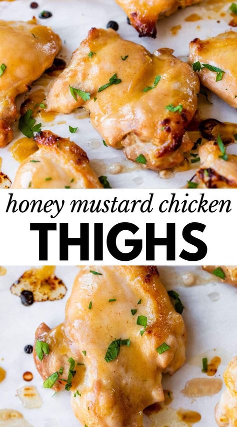 These foolproof Honey Mustard Chicken Thighs are sweet and savory with a touch of tang! After marinating in the simple honey mustard sauce, the thighs are baked and broiled, resulting in melt-in-your-mouth bites with crispy, charred edges. Weeknight Chicken Dinner, Baked Honey Mustard Chicken, Honey Mustard Chicken Thighs, Mustard Chicken Thighs, Honey Mustard Recipes, Crockpot Chicken Thighs, Weeknight Chicken, Slow Cooker Chicken Thighs, Marinated Chicken Thighs