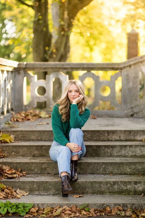 places to take senior pictures in pittsburgh, pittsburgh senior photographer, zelienople photographer, cranberry township photographer, mellon park senior photos Park Fall Photoshoot, Casual Senior Portraits, Stunning Senior Pictures, Ault Park Senior Photos, Senior Formal Pictures, Fall Senior Picture Poses Women, Gen Z Photo Poses, Poses On Steps Photo Ideas, Senior Pictures Backgrounds