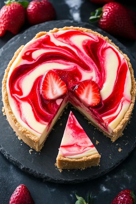 Strawberry Swirl Cheesecake Cheesecake Recipes Strawberry, Strawberry Jam For Cheesecake, Cheesecake Decorating Ideas, Berry Swirl Cheesecake, Cheesecake With Strawberry Topping, Strawberry Swirl Cheesecake Recipe, Strawberry Cheesecake Recipes, Dessert With Strawberries, Strawberry Baking