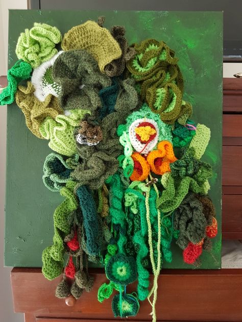 Crochet wall art. Garden Greens. Free form hyperbolic crochet on canvas. I've stitched crochet on to the canvas. Artist  Julie Fitzgerald Dungog NSW Australia. 1st Prize Fibre Art Section 2017 Dungog Art Show.  Work sold. Crochet Contemporary Art, Crochet On Canvas Wall Art, Crochet Sculpture Art, Crochet Canvas Art, Crochet On Canvas, Crochet Art Sculpture, Scrap Fashion, Crochet Installation, Sunflower Granny Square Pattern