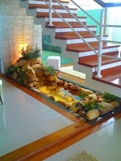 Under Stair Garden, Stair Garden, Stair Design Architecture, Water Fountain For Home, Under Stair, Water Fountain Design, Garden Decoration Ideas, Indoor Water Garden, Inside Garden