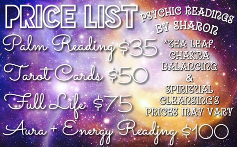 Price list of readings Tarot Price List, Reiki Price List, Crystals To Use During A Tarot Reading, Tarot Reading Price List, Crystals For Tarot Reading, Psychic Readings Pictures, Palm Reading, Tarot Readings, Spiritual Life