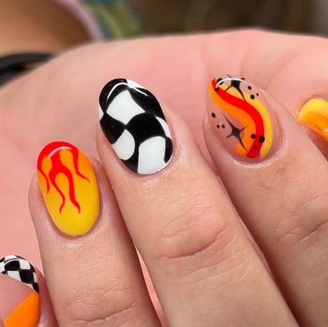 carly on Instagram: "It’s giving…. ✨hot wheels✨ 🏁  100% hand painted   #naturalnails #handpainted #luminarynailsystems #luxapolish #dndgel #pigmentpowder #nailart #nailinspo #nascar #checkerednails #ericasata #naildesign #nailaddict #nailporn #summernails #hotwheels" Monster Truck Nail Designs, Bowling Nails Designs, Hot Rod Nails, Hot Dog Nails, Car Themed Nails, Race Nails Designs, Race Car Nails Designs, Racing Nail Art, Nascar Nails Designs