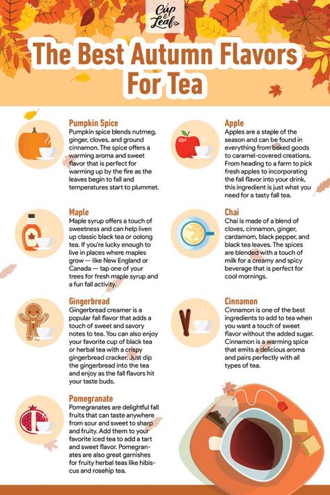 Fall Flavors: The Best Autumn Flavors For Tea - Cup & Leaf #tea #tearecipe #teainfographic #infographic #autumntea Autumn Tea Party, Tea Illustration, Apple Tea, Autumn Tea, Fun Fall Activities, Fall Flavors, Fall Drinks, Types Of Tea, Spiced Apples