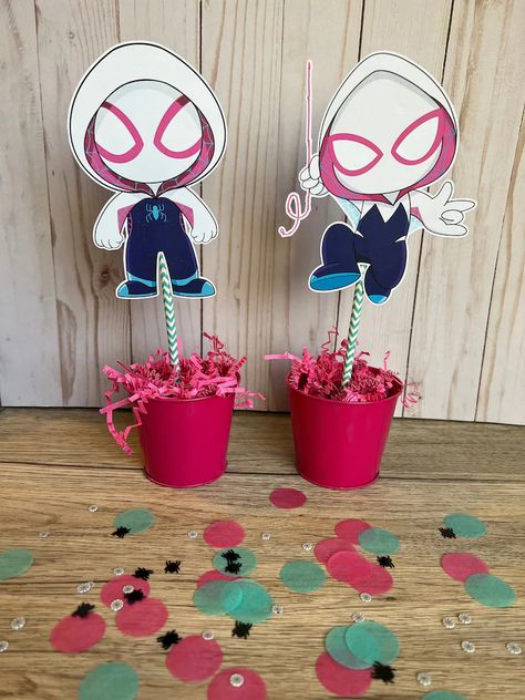 Ghost Spider Party Decorations, Ghost Spider Centerpieces, Spidey And Friends Centerpieces, Ghost Spider Valentine Box Ideas, Spider Gwen Party Decorations, Spidey Centerpieces, Girl Spidey Birthday Party, Ghost Spider Birthday Party Ideas, Spidey Girls Party