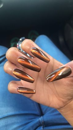 Bronze Acrylic Nails, Brown Holographic Nails, Bronze Nails Acrylic, Fall Cateye Nails, Tigers Eye Nails, Tiger Eye Nails, Cateyes Nails, Cateye Nails, Bright Nail Designs