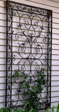 Outdoor Wrought Iron Wall Art, Pergola Plans Roofs, Wrought Iron Trellis, Exterior Wall Art, Wrought Iron Wall Art, Yard Wall, Wrought Iron Wall Decor, Obelisk Trellis, Iron Trellis