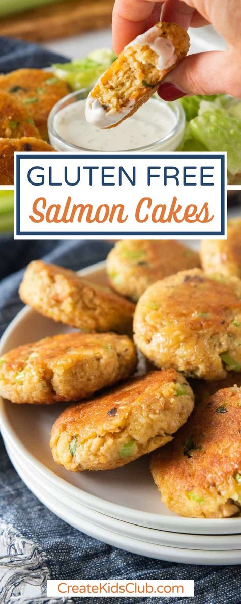 Our gluten-free salmon cakes can be made with canned or fresh salmon, blended with gluten-free breadcrumbs, mayo, celery, and seasonings. Serves as is with your favorite dipping sauce or on a salad, sandwich, or in a wrap. Dairy-free. Salmon cakes, also known as salmon patties, are prepped and ready to serve in under 20 minutes. A delicious weeknight dinner option! Crispy on the outside and moist on the inside, this salmon recipe is kid approved. Gluten Free Salmon Recipes, Gluten Free Fish Recipes, Gluten Free Salmon, Easy Fast Dinner Recipes, Salmon Cakes Recipe, Canned Salmon Recipes, Fish Cakes Recipe, Healthy Gluten Free Breakfast, Inexpensive Dinners