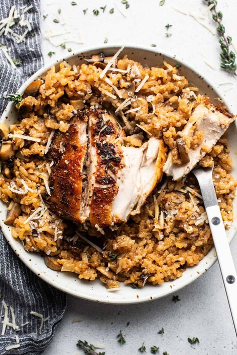 One-Pot Mushroom Chicken and Rice - Fit Foodie Finds Fit Foodie Finds, Chicken And Mushroom, Easy Chicken Dinner, Mushroom Rice, Fit Foodie, Porcini Mushrooms, Mushroom Risotto, Easy Comfort Food, Mushroom Chicken