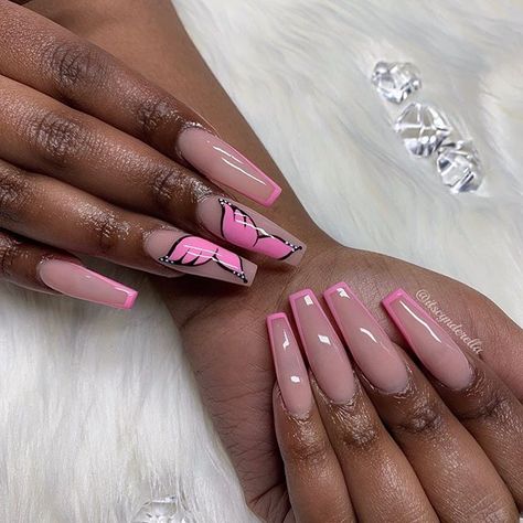 Nails Ideas Butterfly, Pink Butterfly Nails, February Nails Ideas, Green Acrylic Nails, Butterfly Nails, February Nails, Rose Gold Nails, Nails Done, Glass Nails