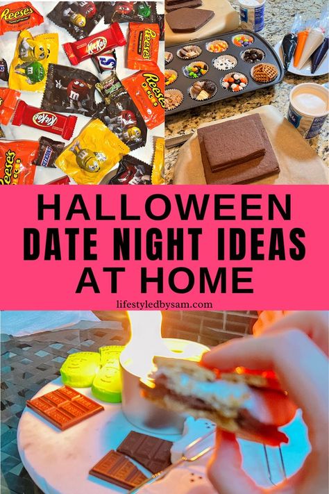 Collage of Halloween date night ideas Halloween Date Night At Home, What To Do On Halloween, Halloween Date Night Ideas, Halloween Date Night, Date Night Ideas At Home, Date Night Movies, Easy Halloween Snacks, Creative Date Night Ideas, Halloween Date