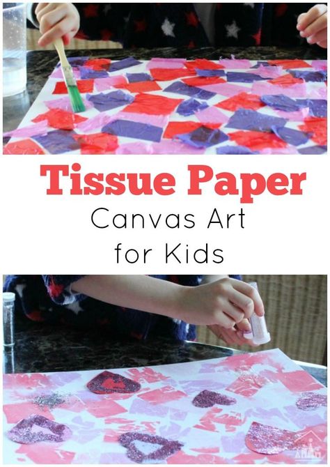 Do you know what happens to tissue paper when you pour water over it? Find out when you create your own Tissue Paper Canvas Art Project.  Add hearts for a Valentines Day theme or choose your own theme or colour scheme. Tissue Paper Glue Art, Crafts With Tissue Paper For Kids, Tissue Paper Craft Preschool, Tissue Paper Art For Kids, Valentines Tissue Paper Crafts, Tissue Paper And Water Art, Tissue Paper On Canvas, Kindergarten Tissue Paper Art, Diy Valentines Decorations Tissue Paper