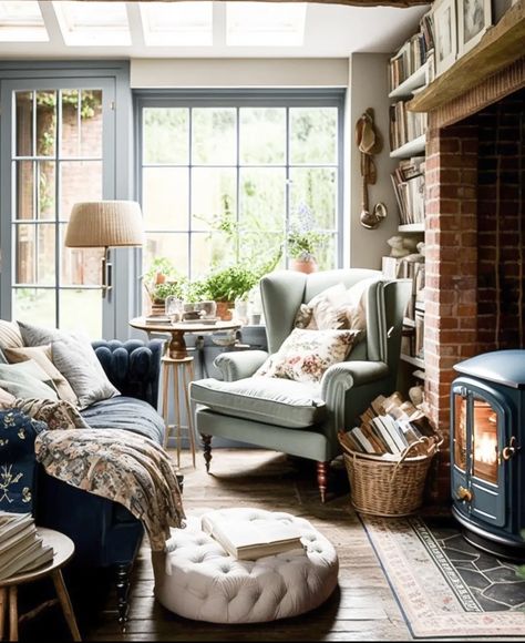 Living Room British Style, Cotswolds Home Interior, Cottage Blue Living Room, Cozy Scottish Cottage, Blue Country Bedroom Farmhouse Style, English Country Cabin, Cosy English Cottage, Cottage Interior Design Living Room, Woodland Cottage Decor