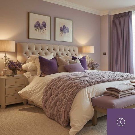 70+ Bedroom Colour Combinations to Create Your Personal Relaxation Oasis • 333+ Images • [ArtFacade] Room Color Combination Ideas, Bed Colour Combination, Bedroom Ideas With Purple Walls, Beige And Lavender Bedroom, Bedroom Design Purple, Master Bedrooms Purple, Colourful Master Bedrooms Decor, Colour Combination For Bedroom, Bedroom Wall Colors Relaxing