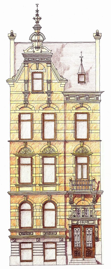 Townhouse Drawing, Unique Alphabet, Townhouse Designs, Interior Design Sketches, Colour Pencil, Architecture Drawing Art, Cultural Architecture, Black Pen, Architectural Drawing