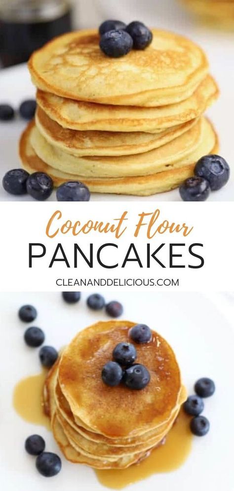 Coconut Flour Pancakes are loaded with fiber and protein, while being low carb and deliciously light and tender. Great for a healthy breakfast or brunch! #coconutflour #pancakes #healthyrecipe #cleaneating Coconut Flour Pancakes, Coconut Pancakes, Coconut Flour Recipes, Flour Pancakes, Pancakes Healthy, Flour Recipes, Foods To Eat, Coconut Flour, Sans Gluten