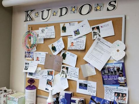 Fear and sadness in the ICU are mitigated by companionate love, reflected in this “kudos” board for employees. Wall Of Praise For Employees, Kudos Board For Work Nurse, Hotel Employee Break Room, Employee Board Ideas, Kudos Board, Achievement Wall, Employee Recognition Board, Recognition Board, Employee Appreciation Board