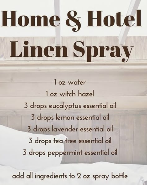 Linen Spray Essential Oils, Diy Room Spray, Essential Oil Perfumes Recipes, Air Freshener Spray, Essential Oils Young Living, Hotel Linen, Essential Oil Diffuser Blends Recipes, Essential Oils Cleaning, Oil Diffuser Recipes