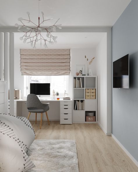 Cozy Nordic Bedroom, Office Desk Home, Desk Home Office, Study Area, Kids Interior Room, Study Room Decor, Small Room Design, Redecorate Bedroom, Bed Desk