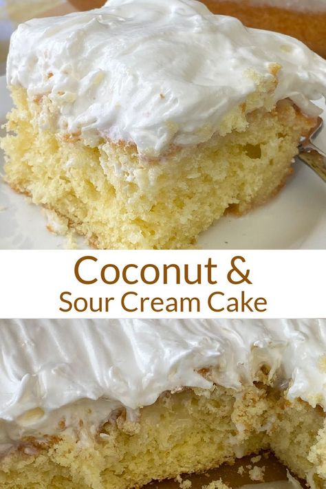 Collage of white cake with a sour cream and coconut icing Cocunut Cake, Cream Coconut Cake, Sour Cream Coconut Cake, Cream Desserts Recipes, Coconut Sheet Cakes, Sour Cream Desserts, Homemade Sour Cream, Boxed Cake Mixes Recipes, Peanut Butter Fudge Easy