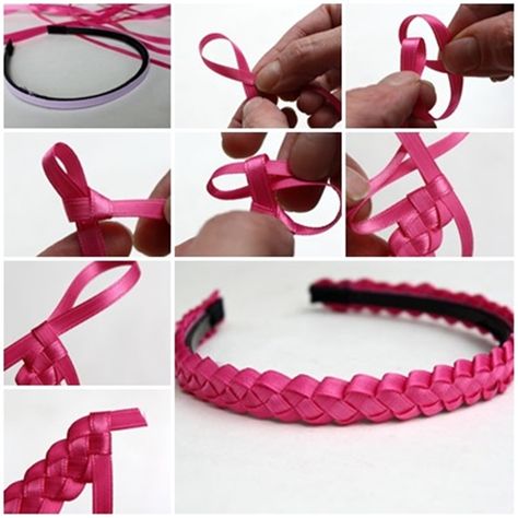 This is a good idea for girls who like wearing headbands and those who treat wearing headband as a tradition.DIY ribbon headbands are great projects becaus Woven Headband, Ribbon Headbands, Cute Headbands, Ribbon Roses, Easy Braids, Making Hair Bows, Ribbon Hair, Diy Ribbon, Ribbon Crafts