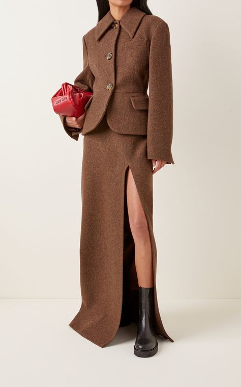 Wool Fashion Runway, Blazer Runway, Miu Miu Dress, Leather Knee Boots, Blazer And Skirt, Vestidos Vintage, Vintage Blazer, Fashion And Style, Breasted Blazer