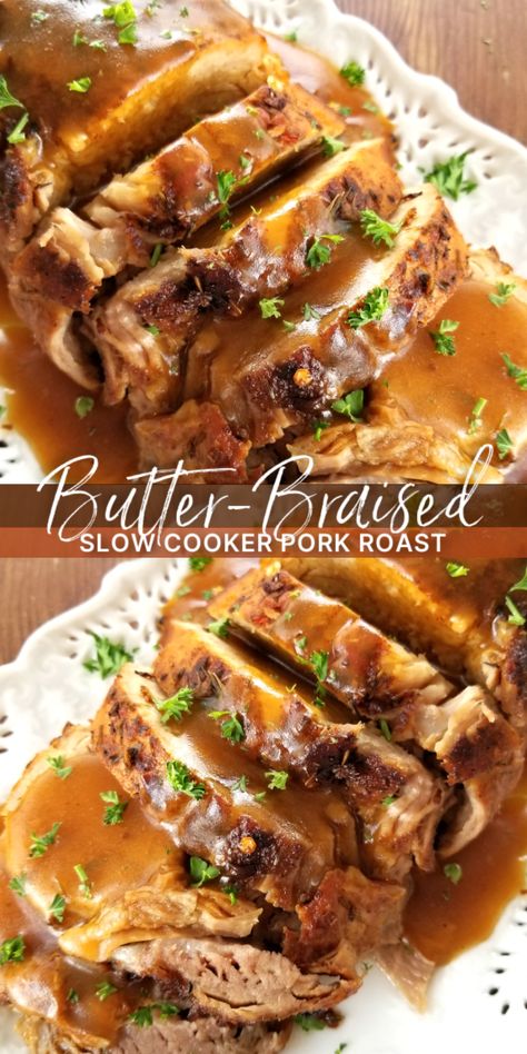 Butter-Braised Slow Cooker Pork Roast with Pan Gravy! A fork-tender pork loin drenched in sizzling butter seasoned with Cajun spices cooked to perfection in the crock pot plus a simple pan gravy. Crockpot Pork Loin, Slow Cooker Pork Loin, Crockpot Pork Roast, Slow Cooker Pork Roast, Pot Roast Crock Pot Recipes, Pork Loin Roast Recipes, Pork Crockpot Recipes, Pan Gravy, Slow Cooker Recipes Pork