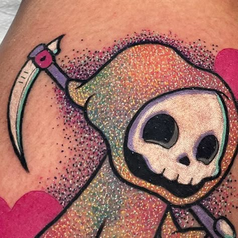 ✨Amanda Graves✨ 𝑔𝓁𝒾𝓉𝓉𝑒𝓇 𝓉𝒶𝓉𝓉𝑜𝑜𝓈 on Instagram: "another take on my sparkly reaper. thanks for traveling from atlanta! #glittertattoo" Amanda Graves Glitter Tattoo, Cute Reaper Tattoo, Faces Tattoo, Feminine Grim Reaper Tattoo, Grim Reaper Heart Tattoo, Sparkly Tattoo, Glitter Style Tattoo, Cute Grim Reaper Tattoo, Glitter Tattoo Ideas