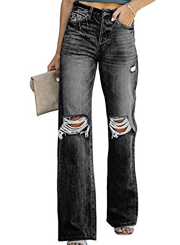 Sidefeel Women Distressed High Waist Wide Leg Jeans Denim Pants 2023 Fall Fashion, Ripped Jeans Casual, Distressed Flare Jeans, Womens Flare Jeans, Womens Ripped Jeans, Basic Blouses, Ladies Jeans, High Waisted Flare Jeans, Trendy Jeans