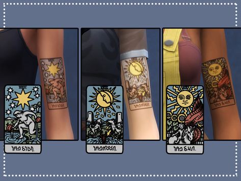 three swatches (the star, the moon, the sun) with three additional swatches each to fit different skin colours Found in TSR Category 'Sims 4 Female Tattoos' Sims 4 Cc Clothes Maxis Match Accessories, Sims 4 Tattoo Artist, S4cc Tattoos, Sims 4 Mm Tattoos, Sims 4 Cc Tattoo Sleeve, Whimsigoth Sims 4, Sims 4 Stars Cc, Sims 4 Cc Tattoo Maxis Match, Sims 4 Cc Maxis Match 70s