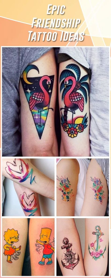 60 Imaginative Ideas for the Best Friendship Tattoos Perfect for Innovators Best Friend Tattoos Color, Creative Best Friend Tattoos, Fun Best Friend Tattoos, Colorful Matching Tattoos, Best Friend Tattoo Ideas Unique, Tattoo Ideas For Besties, Tiny Colorful Tattoos, Small Colorful Tattoos For Women, Funny Best Friend Tattoos