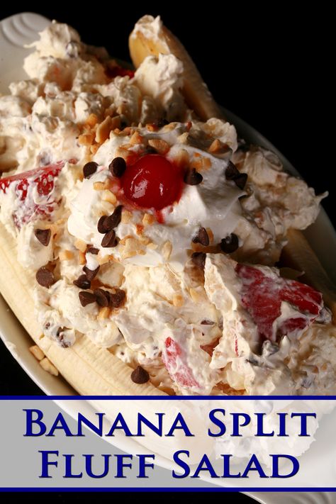 A large serving of banana split marshmallow salad, done up to look like a banana split. Banana Split Salad Recipe, Marshmallow Salad, Banana Split Recipes, Fluff Salad Recipes, Easy Fruit Salad Recipes, Fruit Platter Designs, Fluff Recipe, Fruit Salad Easy, Fluff Desserts