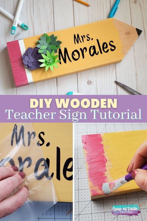 diy teacher wooden pencil sign tutorial Diy Wooden Teacher Gifts, Pencil Wood Sign Teacher Gifts, Diy Teacher Gifts With Cricut, Diy Teacher Pencil Sign, Wood Pencil Teacher Gift, Pencil Sign For Teacher, Teacher Signs For Classroom Diy, Wood Pencil Sign, Teacher Craft Ideas