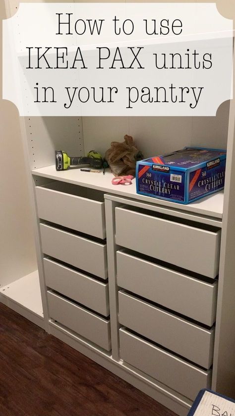 #pantry #home #pantrystorage Ikea Pantry Pax, Pantry Shelves Ikea, How To Redo Pantry Shelves, Opening Up A Small Pantry, Pantry With Drawers Organization, Pantry Closets Ideas, Pantry Storage Drawers, Ikea Pantry Shelving, Pantry With Ikea Cabinets