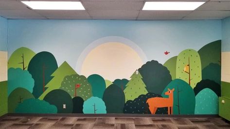 Environmental Mural, Playground Mural Ideas, Nature Murals Painted, Childrens Wall Murals, Playroom Mural, Kids Church Rooms, Kids Church Decor, Daycare Decor, Kids Room Murals