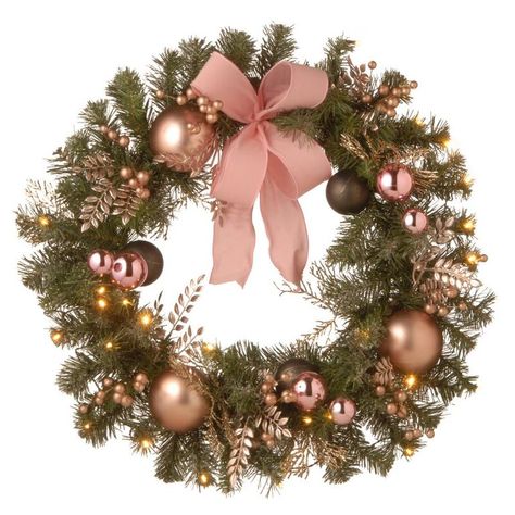 Rose Gold Christmas Decorations, Christmas Wreath Decor, Tree Inspiration, Battery Operated Led Lights, Artificial Christmas Wreaths, Turkey Trot, Rose Gold Christmas, Warm White Led Lights, Glam Christmas