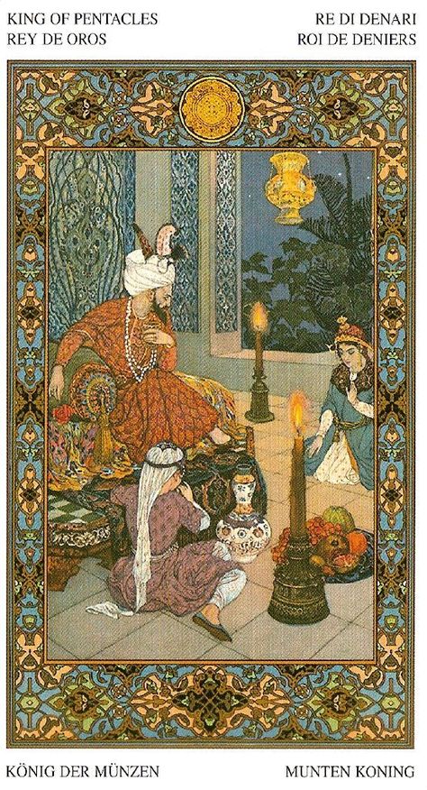 King of Pentacles - Card from Tarot of the Thousand and One Nights Deck Jamaican Art, Thousand And One Nights, Pentacles Tarot, 1001 Nights, 78 Tarot Cards, Illustration Story, Tarot Card Meanings, Arabic Art, Tarot Art