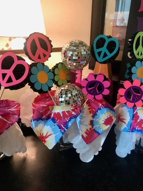 60’s, 70’s, hippie, tye dye, flower child, disco ball party theme centerpieces. 60s Themed Centerpieces, 1970s Party Centerpieces, Ball Party Theme, 70s Theme Party Decorations, Decades Dance, Abba Party, Gala Centerpieces, Disco Prom, Disco Ball Party