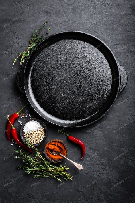 Empty cast-iron pan with ingredients for cooking on black background, top view By sea_wave¡¯s photos #Ad , #AD, #pan, #ingredients, #iron, #Empty Cooking Logo, Cast Iron Frying Pan, Kitchen Logo, Coffee Restaurants, Blueberry Cake, Cooking Pan, Black Plates, Logo Food, Cast Iron Pan