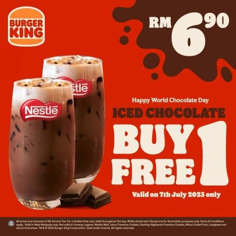 Burger King Malaysia World Chocolate Day Buy 1 FREE 1 Iced Chocolate Promotion on 7 July 2023 Buy 1 Get 1 Free Creative Ads, Buy 1 Get 1 Free Design Poster, Party Design Graphic, Iced Chocolate, World Chocolate Day, Buy 1 Free 1, Chocolate Day, Buy 1 Get 1 Free, Food Poster