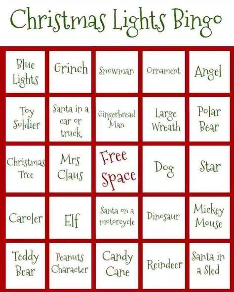 Christmas Light Bingo, Looking At Christmas Lights, Bingo Christmas, Christmas Scavenger Hunt, Fun Christmas Party Games, Christmas Date, Holiday Program, Christmas Party Games, Decorating With Christmas Lights