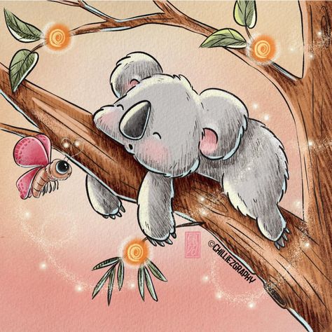 Sleeping Koala Illustration, Sleep Illustration, Koala Illustration, Koala Drawing, Magical Butterfly, Glasses Ideas, Koala Bears, Painted Glasses, Background Ideas