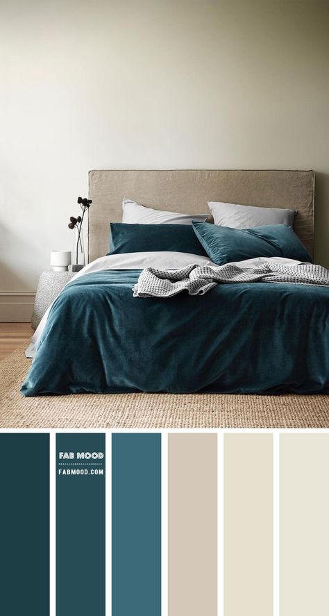 Beige Teal Bedroom, Bed Colours Color Schemes, Beige Bedroom Palette, Beige Color Combinations Bedroom, Teal Velvet Bedding, Teal Colour Palette Bedroom, Teal Velvet Bed, Beige Wall Bedroom Ideas Colour Schemes, Beige Combination Colour Palettes