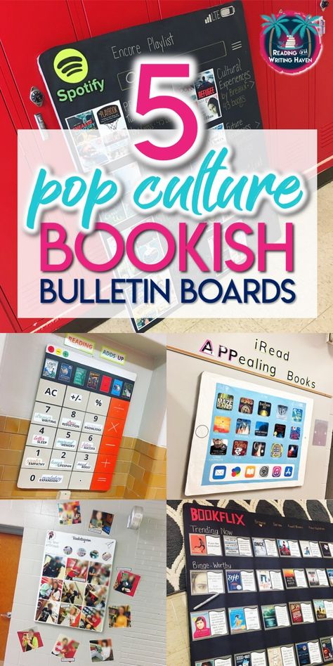 Pop Culture Classroom Decor, Pop Culture Bulletin Board Ideas, Language Arts Bulletin Boards, English Bulletin Boards, Ela Bulletin Boards, Bookish Ideas, Middle School Bulletin Boards, School Library Bulletin Boards, High School Bulletin Boards