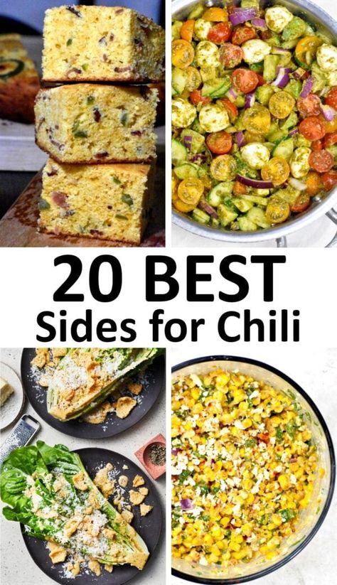 What to serve with chili - the 20 best sides for chili. Side Dishes For Chili Party, Side Dishes For Chili, Chili Side Dishes, Chili Sides, Chili Party, Chili Dinner, Pesto Dressing, Chili And Cornbread, Salads To Go