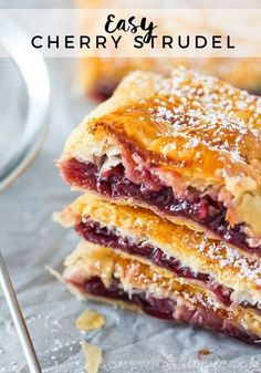 Phyllo Strudel Recipes, Easy Strudel Recipes, Cherry Strudel Recipe Puff Pastries, Cherry Strudel Recipe Phyllo Dough, Cherry Pastry Recipes, Cherry Strudel Recipe, Blueberry Strudel, Cherry Strudel, German Pastries