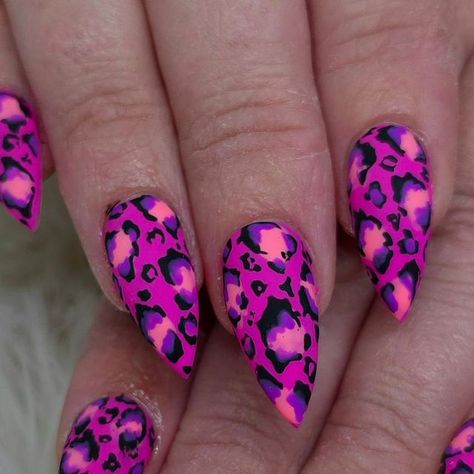 Shirin Marie Nails on Instagram: "Neon Leopard claws 💜💓🐆  Nails done on @jcadamstrom   Products Used: @uglyducklingnails  @uglyducklingnails  Gel polish- 031, 292, 285 Black Gel Paint Matte coat  Products available @creatabeauty  CreataBeauty.com is your one stop shop for all things Ugly Duckling.   #leopardprintnails #leopardnails  #animalprintnails #cheetahnails  #mattenails #neonnails  #pinknails #purplenails  #coralnails #blacknails  #summernailart #summernails  #easynailart #trendynails  #nailartinspiration #nailartinspo  #nailarttutorial #nailporn  #nailsmagazine #nailmanicure  #yegnails #edmontonnails  #nailartideas #gelpolishnailart  #gelpolishmanicure #gelnailart  #nailsnailsnails #nailsoftheday  #edmonton #uglyducklingnails  @nailsmagazine" Neon Leopard Nails, Claws Nails, Marie Nails, Gel Paint, Cheetah Nails, Coral Nails, Gel Polish Manicure, Gel Polish Nail Art, Leopard Print Nails